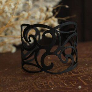 Womens Cuff Bracelet, Black Metal Filigree, Goth, Dark Cottage Core